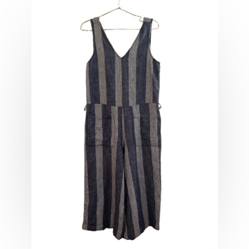 Zoe Flattering Gray and Blue Jumpsuit with Vertical Stripes